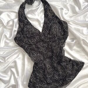 Heart & Soul Black Mesh Floral Embroidered Halter Top XL 2059FY02